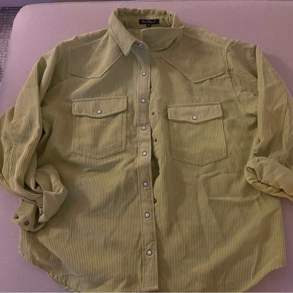 Button down corduroy yellowish/green long sleeved shirt. Size XL.